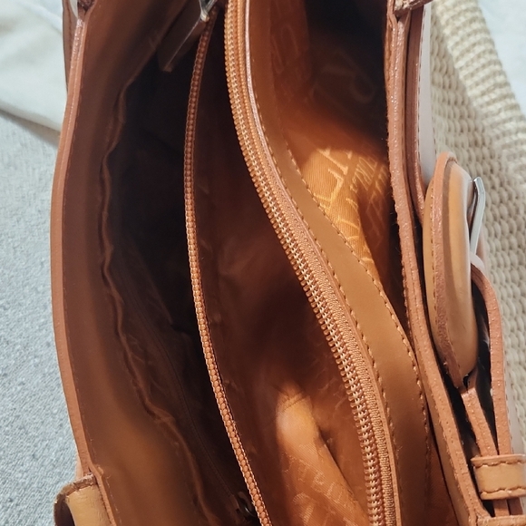 Furla Beige Woven Tote with Tan Leather Trim and Circular Buckle Accent - Picture 10 of 10